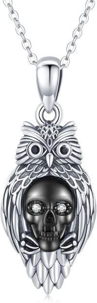 wholesale 925 Sterling Silver Blackened CZ Eyes Owl Skull Pendant Necklace 43cm Chain-B-Owl