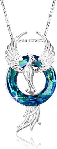 wholesale 925 Sterling Silver Blue Crystal Phoenix Pendant Necklaces for Women Girls Gifts Jewelry Accessories-Blue