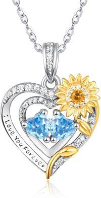 wholesale Sterling Silver 2 Birthstones Sunflower Heart Necklace for Women-12-12-Dec-Dec