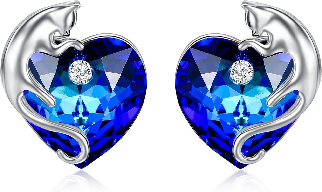 Sterling Silver Austria Crystal Cat Earrings Cute Studs with Birthstone Heart Gift for Cat Lovers-Sapphire Blue