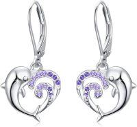 wholesale 925 Sterling Silver Purple Crystal Dolphin Wave Stud Earrings for Women-Dolphin Earrings D