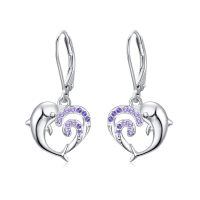 wholesale 925 Sterling Silver Purple Crystal Dolphin Wave Stud Earrings for Women-Dolphin Earrings D