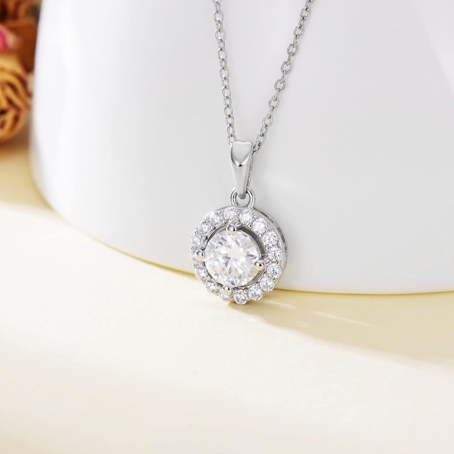 18K White Gold Plated Silver Moissanite 1ct D Color Round Halo Pendant Necklace 18+2 -0-3