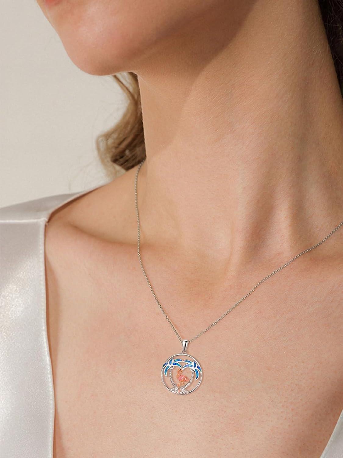 Sterling Silver Opal Pink Flamingo Pendant Necklace Palm Tree Jewelry-0-5