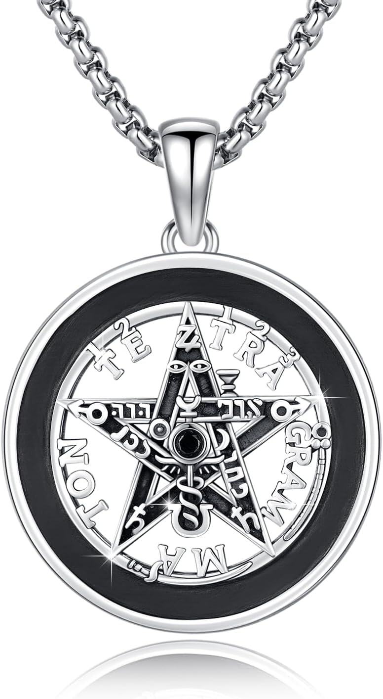 Sterling Silver Gold Black Silver Abalone Shell Pentagram Necklace Tetragrammaton Pendant Protection Star Amulet Jewelry for Men Women-Silver