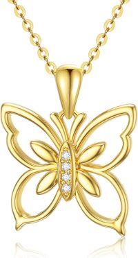 wholesale 14K Gold Natural Diamond Butterfly Pendant Necklace 16+2 inch Chain for Women-Yellow Gold