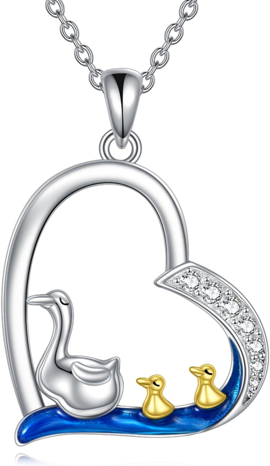 Sterling Silver Heart Necklace with Fox Axolotl Koala Giraffe Cow Guinea Pig Fairy Thistle Daisy Cat Duck Lion Pendant-M-Duck