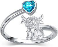wholesale Sterling Silver Birthstone Highland Cow Ring Custom Engraved Name Adjustable Women s Jewelry Gift-03-March