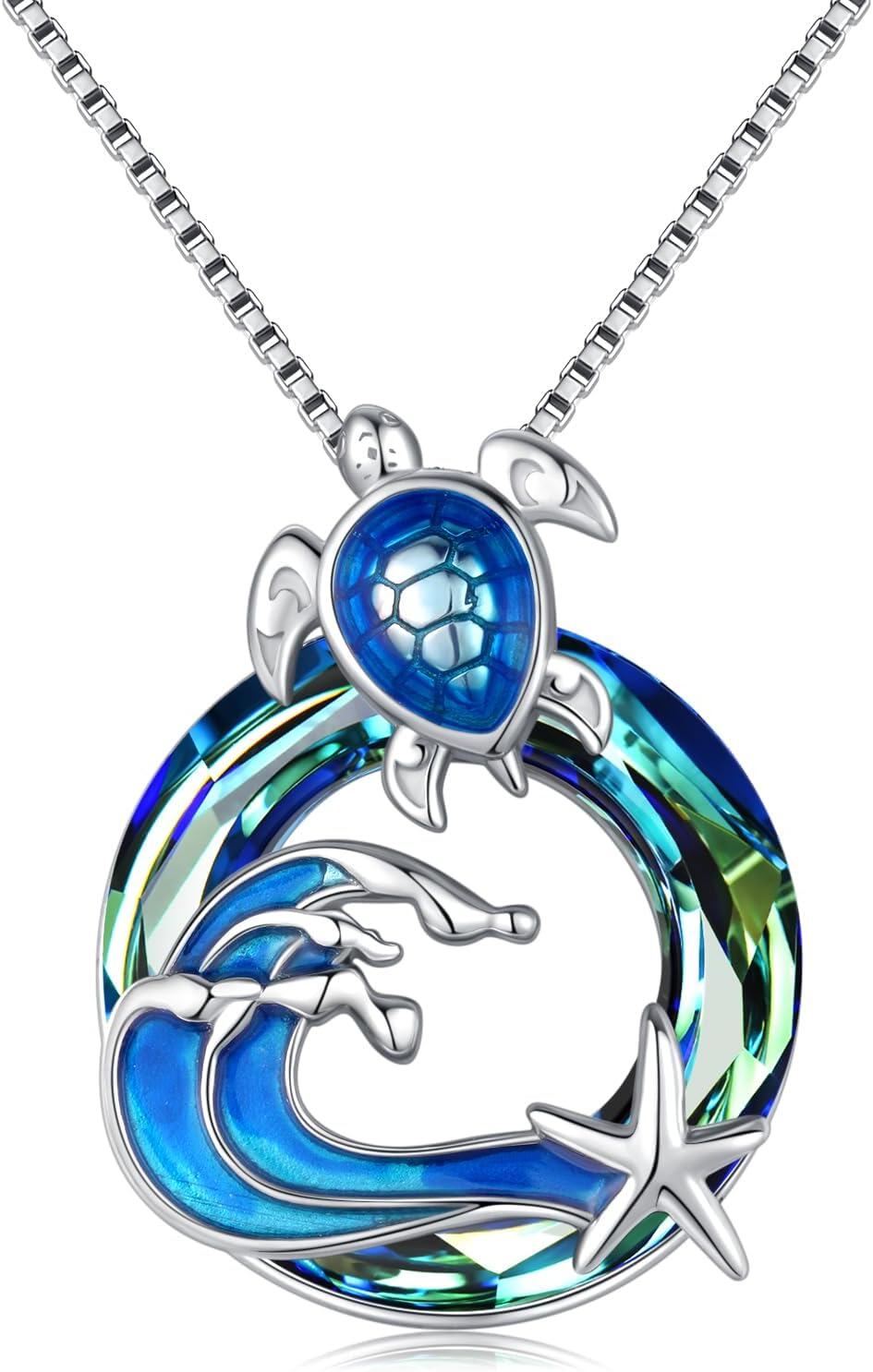 Sterling Silver Sea Turtle Jellyfish Dolphin Mermaid Compass Steering Wheel Necklace-Sea Turtle-Crystal