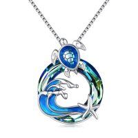 wholesale 925 Sterling Silver Turtle And Wave Pendant With Blue Gemstone Necklace-Sea Turtle-Crystal