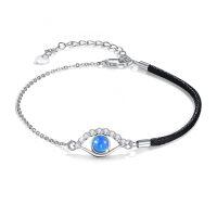 wholesale 925 Sterling Silver Evil Eye Blue Opal Zirconia Black Leather Chain Bracelet-Evil Eye Bracelet-01