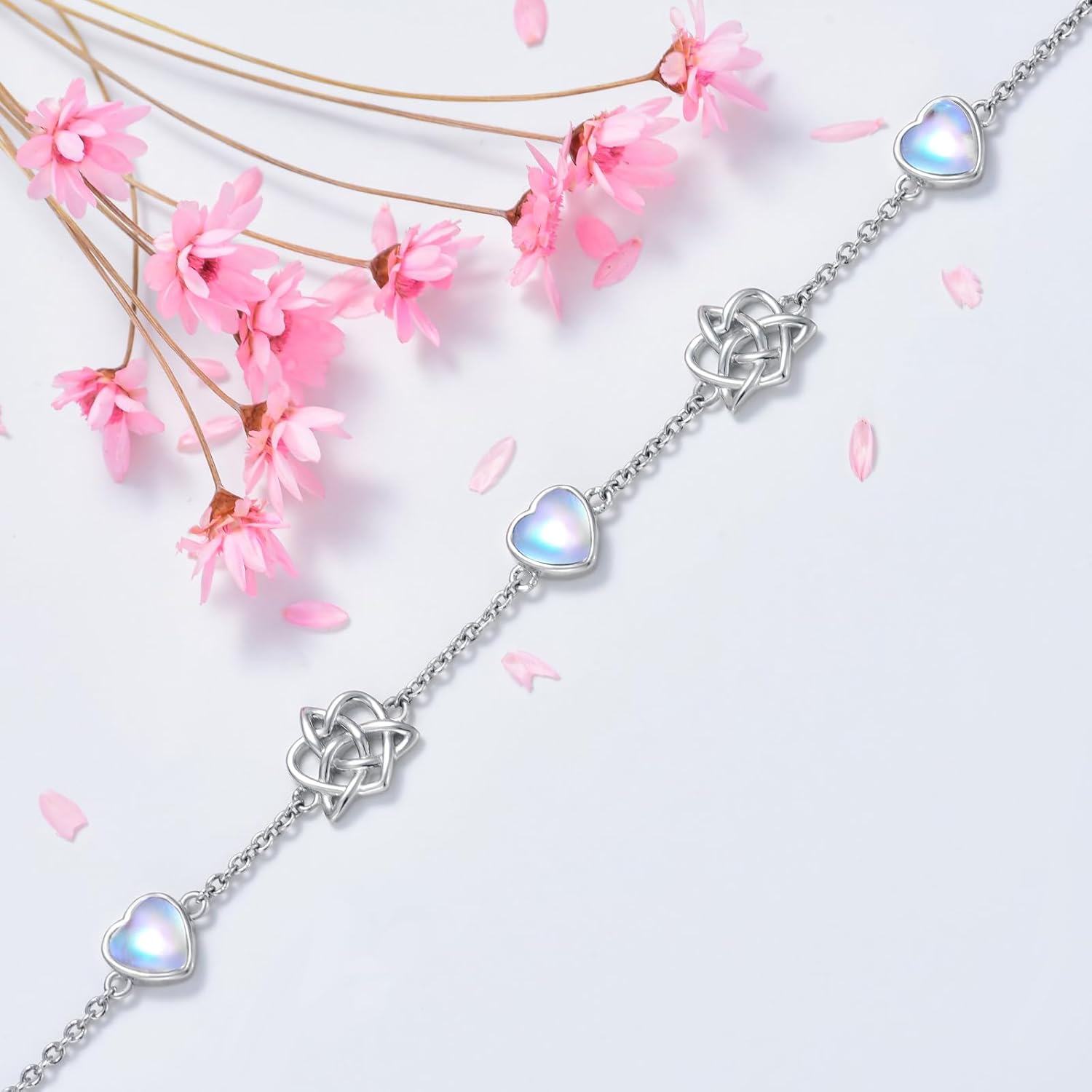 wholesale 925 Sterling Silver Heart Celtic Knot Bracelet with Opalite Beads and Chain Link Design for Women Girls  6-8 Adjustable Length-0-2