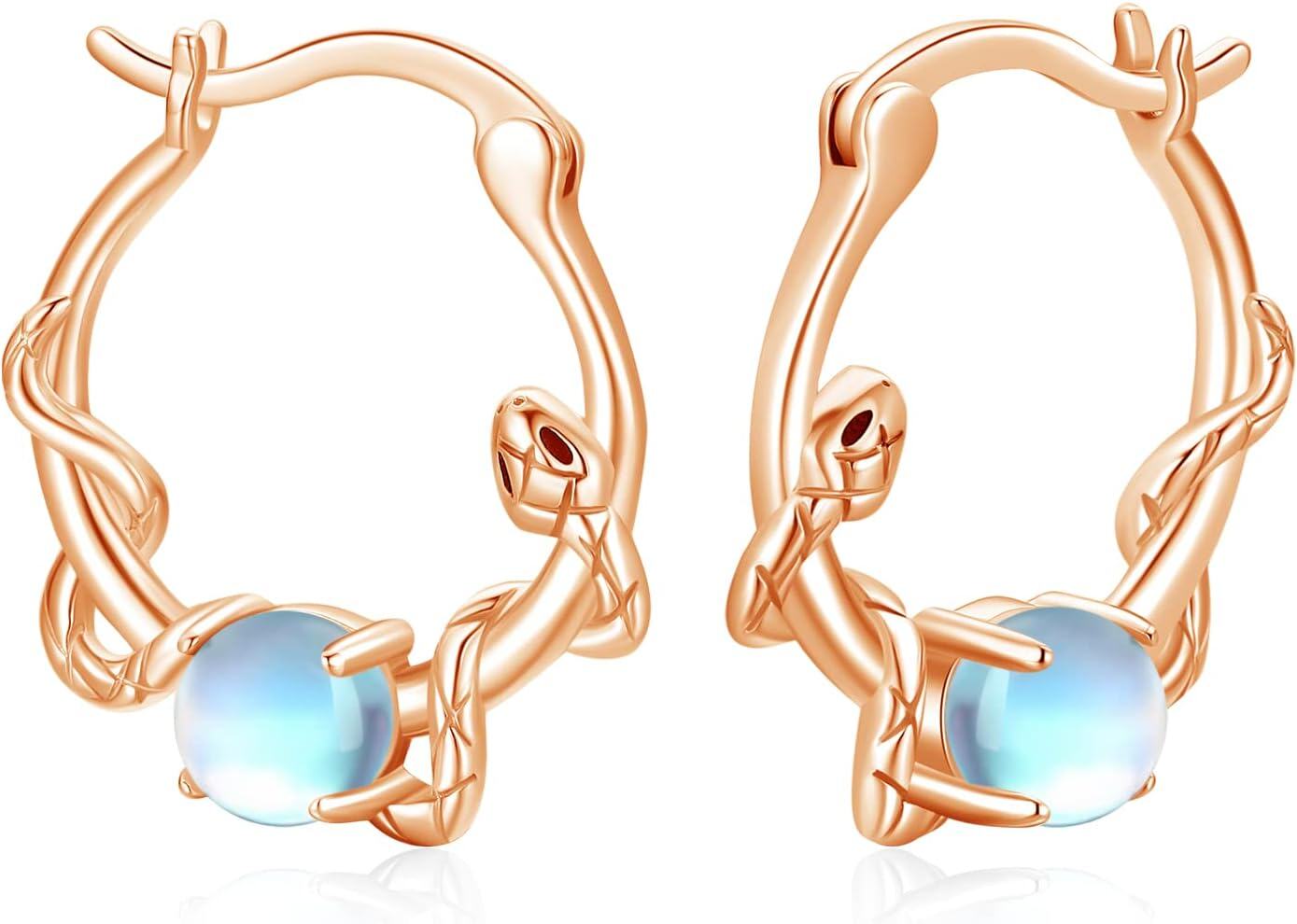 Sterling Silver Moonstone Snake Huggie Hoop Earrings Vintage Jewelry Gifts-Rose Gold