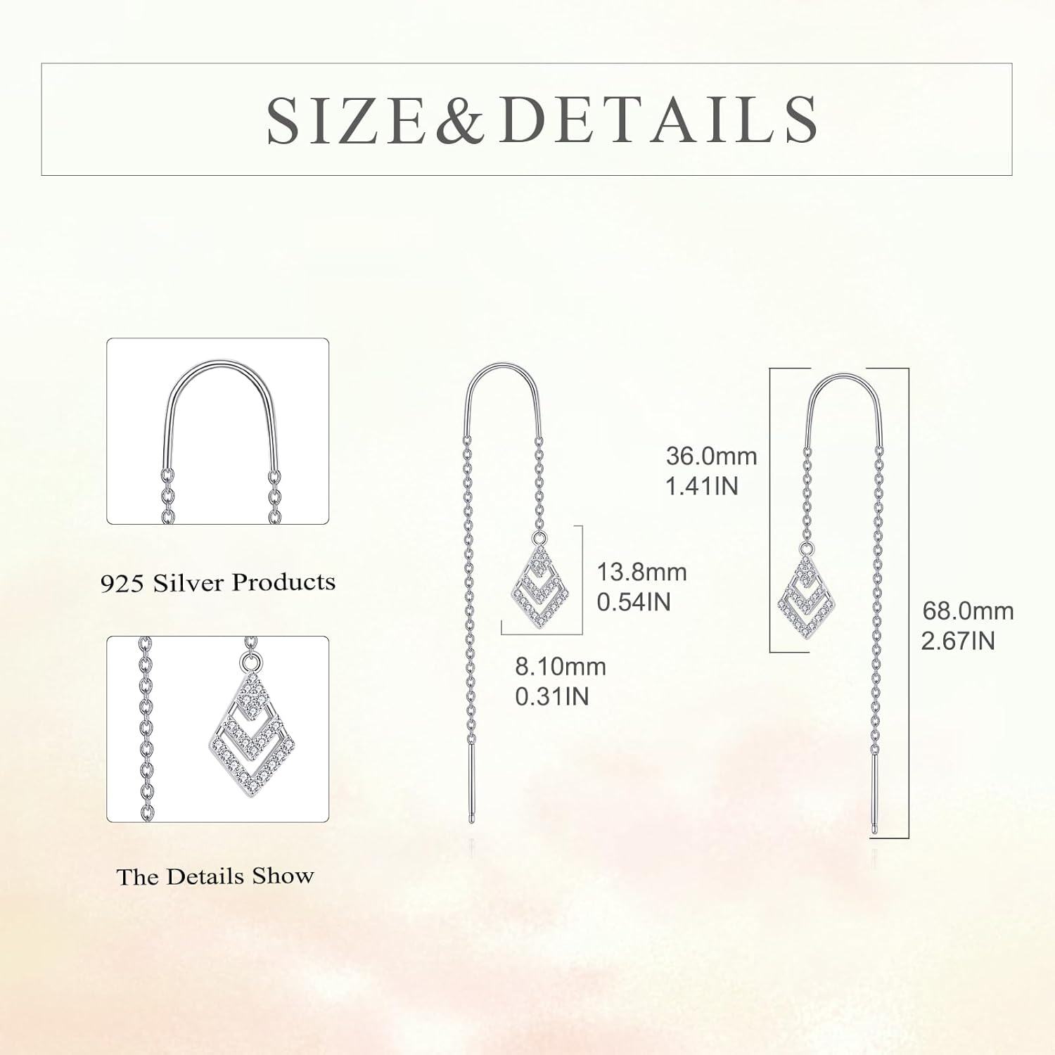 925 Sterling Silver Geometric Cubic Zirconia Shape Threader Dangle Drop Earrings with Cubic Zirconia Stones for Women-0-3