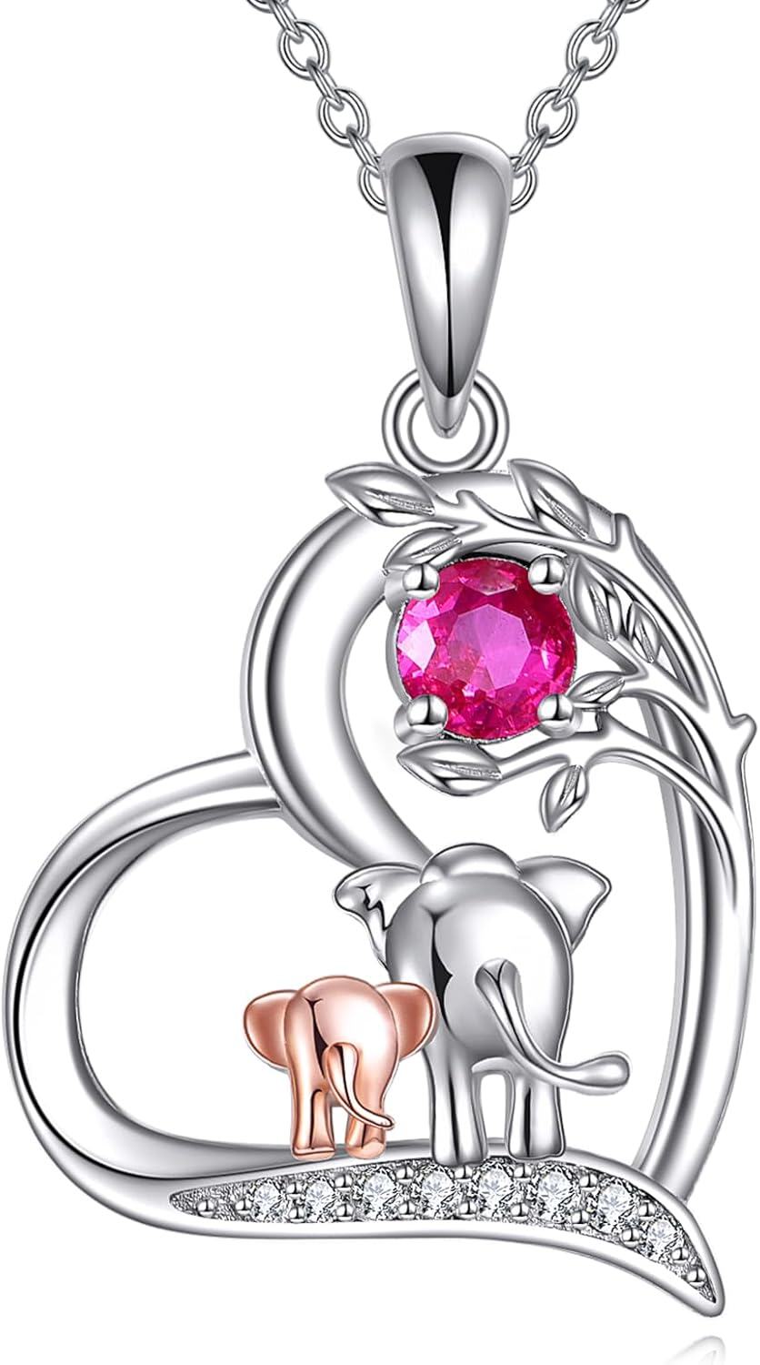  Sterling Silver Birthstone Elephant Pendant Necklace Cute Animal Jewelry Gift for Women Mom Wife -07-July Ruby