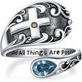 wholesale Sterling Silver with 12 Teardrop Birthstones Vintage Cross Spoon Ring With God All Things Possible Adjustable Faith Ring-0-0