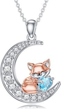 wholesale Metal Stone Fox Moon Pendant Necklace Birthstone Gift for Women-March