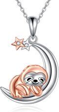 wholesale 925 Sterling Silver Sloth on Crescent Moon Pendant Necklace with Stars and Stones for Women-0-0