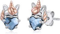 wholesale 925 Sterling Silver Heart-Shaped Blue Crystal Unicorn Stud Earrings for Kids Adults-Blue