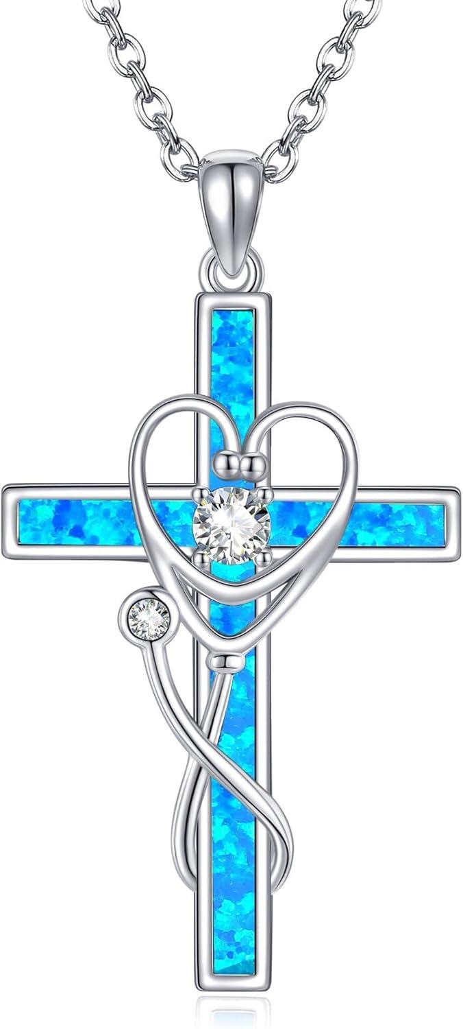 Sterling Silver Opal Cross Necklace Rose Opal Stethoscope Pendant Celtic Faith Jewelry for Women-Opal Stethoscope Cross