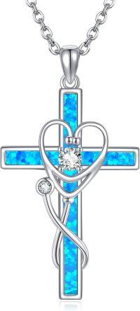 wholesale 925 Sterling Silver Blue Fire Opal Heart & Snake Cross Pendant Necklace for Women-Opal Stethoscope Cross