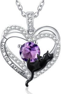 wholesale Sterling Silver Birthstone Cat Projection Heart Pendant Necklace-02 Feb - Amethyst-02 Feb - Amethyst