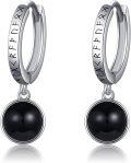 wholesale 925 Sterling Silver Black Onyx Huggie Hoop Earrings with Rune Engraving for Women Men  48mm Diameter-0-0