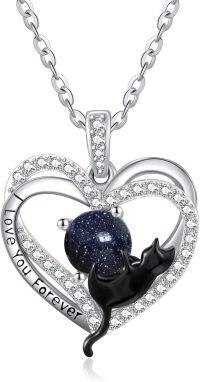 wholesale Sterling Silver Birthstone Cat Projection Heart Pendant Necklace-15-Lapis Lazuli-15-Lapis Lazuli