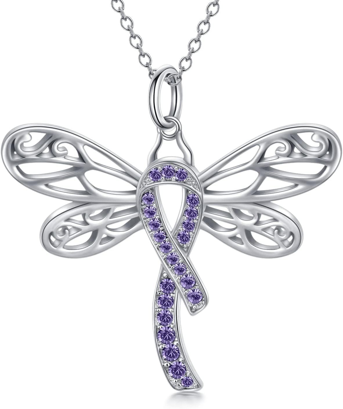  Silver Stone Cancer Survivor Necklace Women s Awareness Gift -02-Dragonfly-lavender-All Cancer-02-Dragonfly-lavender-All Cancer
