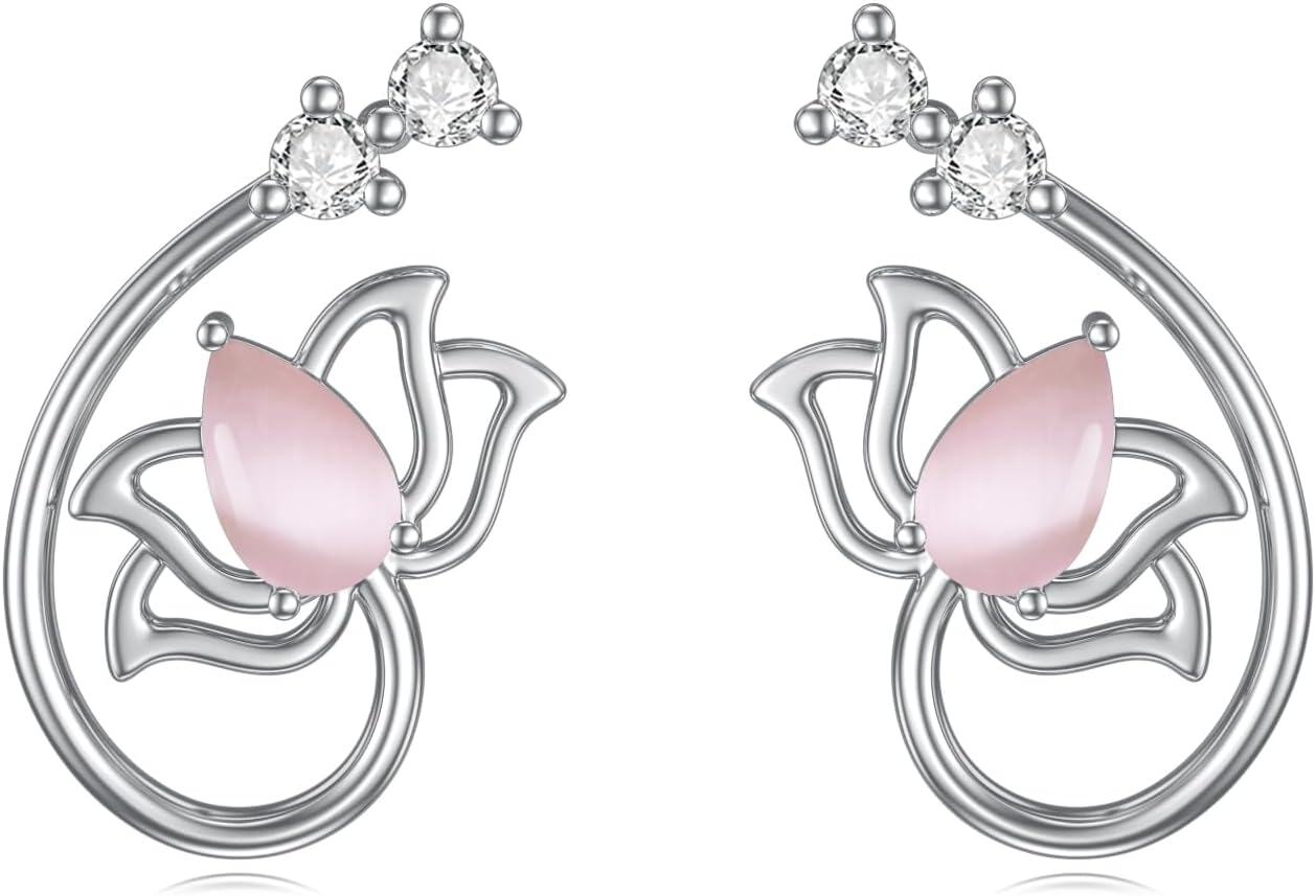 wholesale Sterling Silver Lotus Moonstone Turquoise Flower Stud Cuff Earrings-Pink Opal Earrings