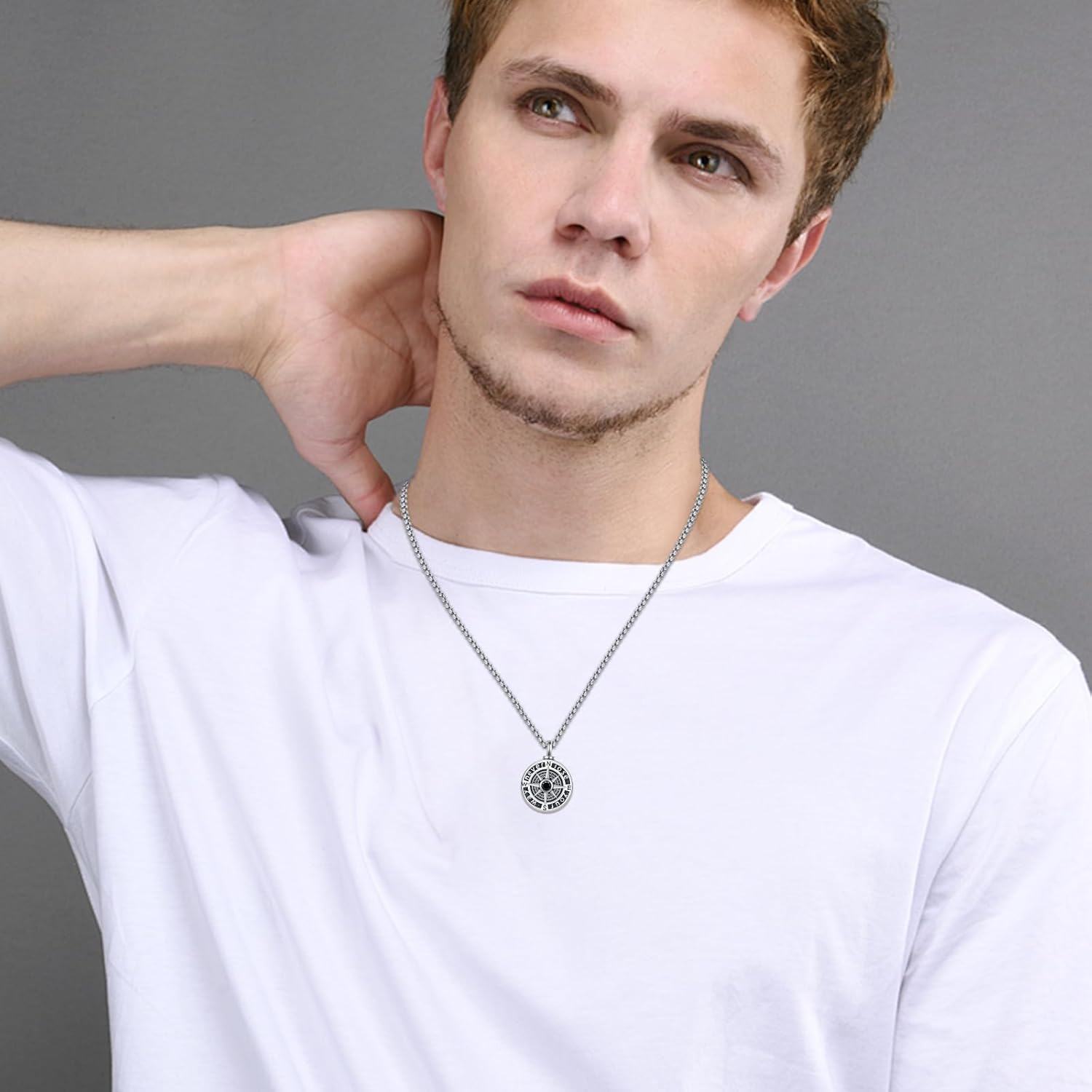 wholesale 925 Sterling Silver Compass Pendant Necklace with Stainless Steel Chain with Black Stone and Chain - Graduation Gift for Him & Her-0-2