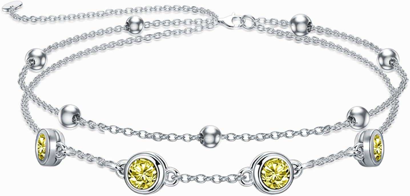 Sterling Silver Birthstone Anklet Bracelets for Women Gifts-11-Yellow Topaz Bracelet 7\"-9\"