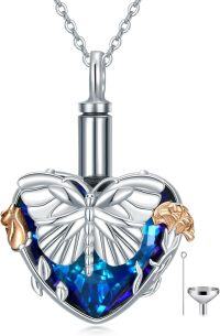 wholesale 925 Sterling Silver Butterfly Heart Locket with Blue Crystal and Gold Accents-Butterfly Urn