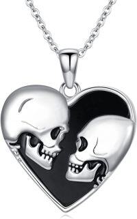 wholesale 925 Sterling Silver Heart-Shaped Gothic Skulls Pendant Necklace with Black Enamel Accents-5