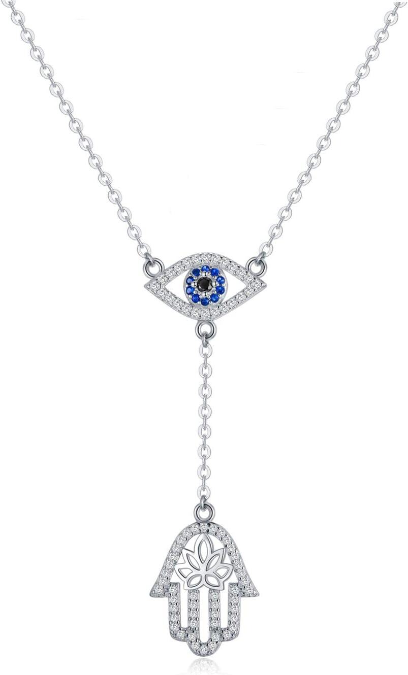 925 Sterling Silver Evil Eye Hamsa Hand Lariat Necklace with Blue and White CZs Protection Amulet  for Women-0-0