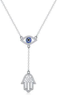 wholesale 925 Sterling Silver Evil Eye Hamsa Hand Lariat Necklace with Blue and White CZs Protection Amulet  for Women-Evil eye with hamsa hand