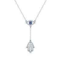 wholesale 925 Sterling Silver Evil Eye Hamsa Hand Lariat Necklace with Blue and White CZs Protection Amulet  for Women-Evil eye with hamsa hand