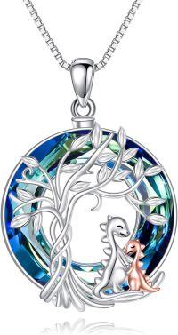 wholesale 925 Sterling Silver Tree of Life Dinosaur Family Pendant Necklace with Blue Crystals and Leaves Design-Dinosaur
