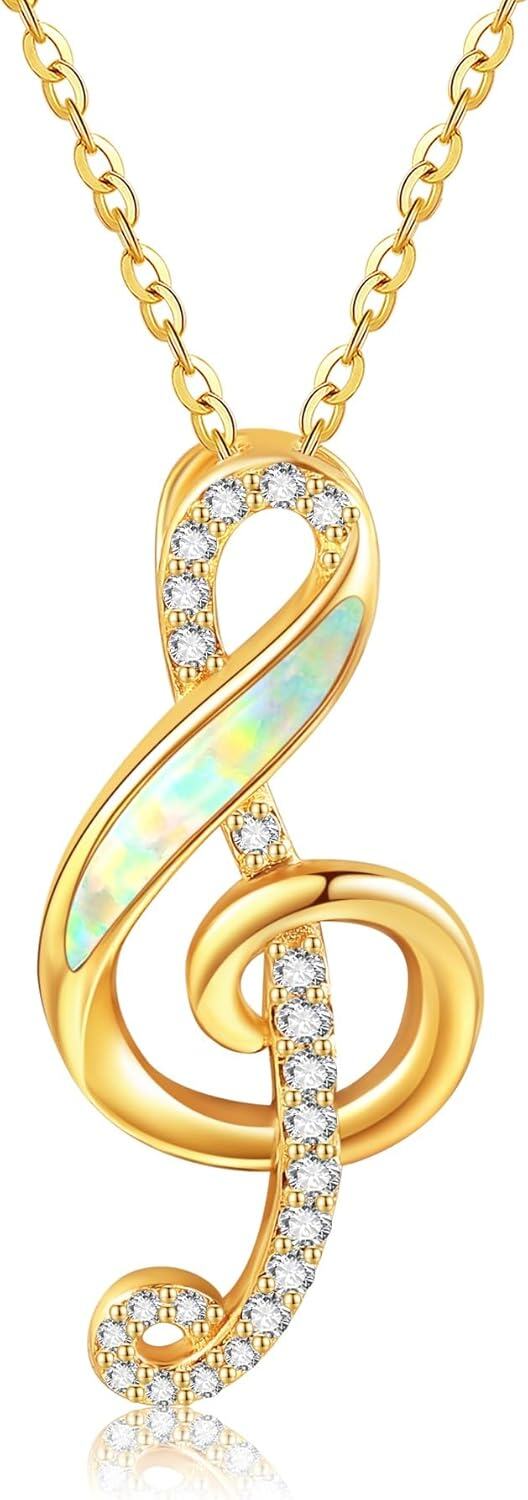 14K Yellow Gold Treble Clef Music Note Pendant Necklace for Women Girls Christmas Gift-Opal Music Note Necklace