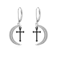 TOUPOP Sterling Silver Moon Cross Dangle Hoop Leverback Punk Earrings-undefined