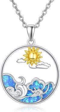 wholesale 925 Sterling Silver Blue Fire Opal Ocean Wave Pendant Necklaces with Gold Plated Sun and Clouds Charm Beach Summer Gifts for Women Girls-Opal Wave-01