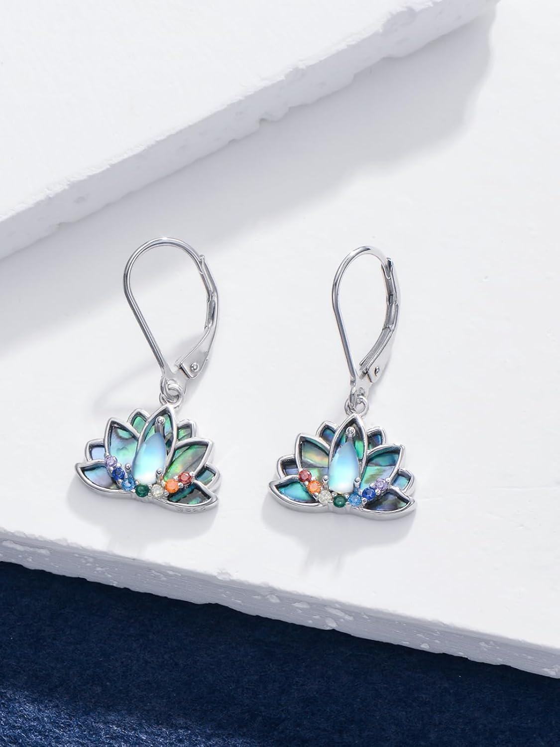  Sterling Silver Abalone Shell Moonstone Hummingbird Butterfly Lotus Dangle Earrings for Women -0-3