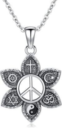 wholesale 925 Sterling Silver Multi-Religious Symbols Flower Peace Sign Pendant Necklace for Women Men Christian Jewish Islam Buddhism Hinduism Yoga Spiritual Gifts 48cm Chain Length-Coexist Harmony Necklace-B
