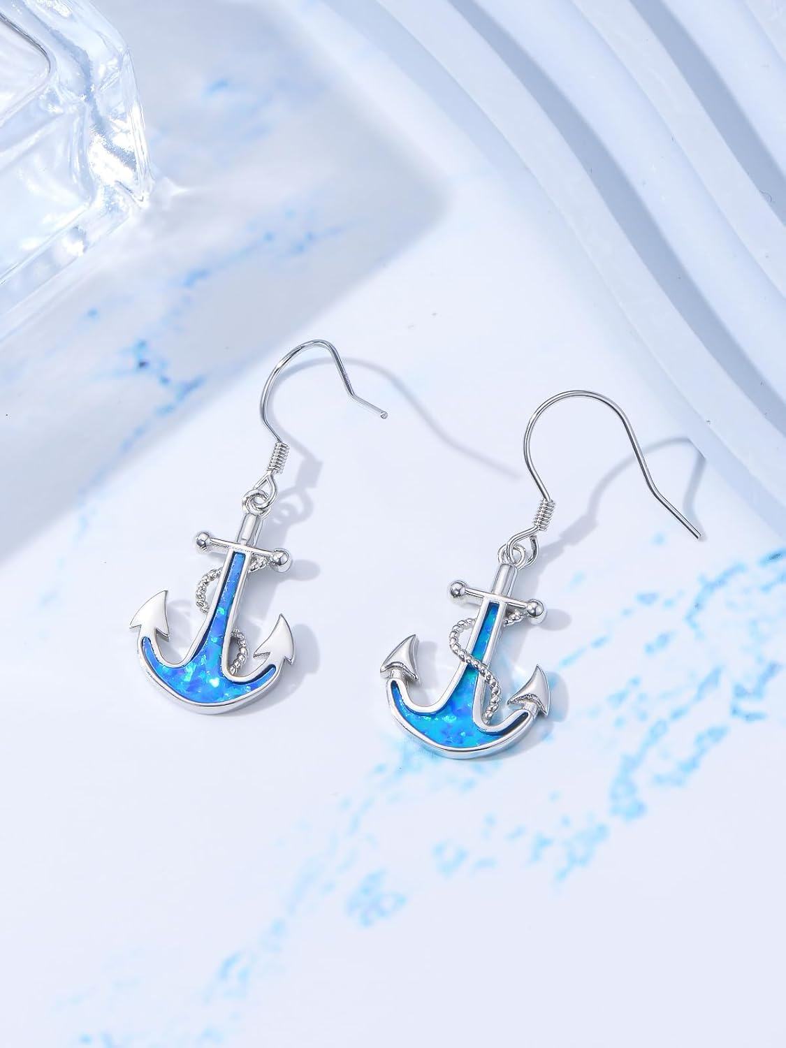 wholesale 925 Sterling Silver Blue Opal Anchor Dangle Drop Earrings for Women Beach -0-2