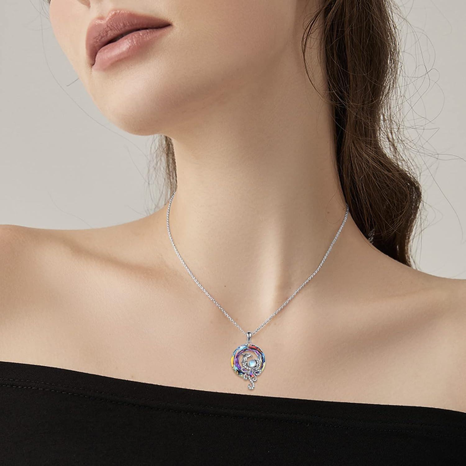 wholesale 925 Sterling Silver Rainbow Crystal Phoenix Bird Women's Pendant Necklace-0-1