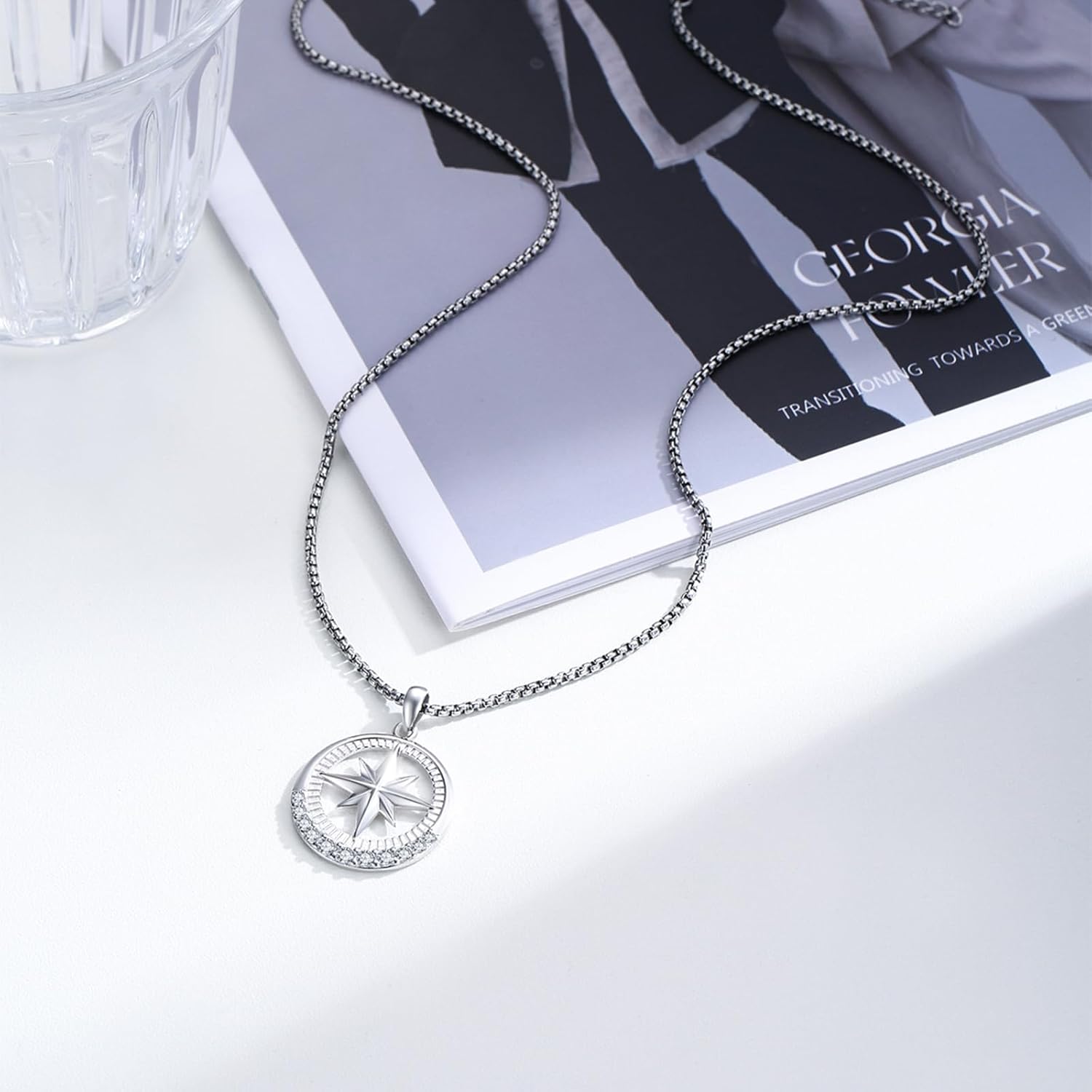 wholesale 925 Sterling Silver Stainless Steel Compass Star Pendant Necklace with Cubic Zirconia Accents-0-1