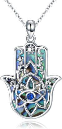 wholesale 925 Sterling Silver Abalone Shell Inlay Evil Eye Hamsa Hand Pendant Necklace for Women-Lotus Hamsa Evil Eye