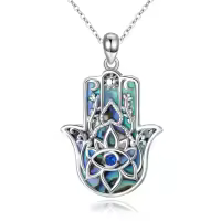 wholesale 925 Sterling Silver Abalone Shell Inlay Evil Eye Hamsa Hand Pendant Necklace Wholesale for Women-Lotus Hamsa Evil Eye