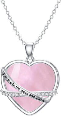 wholesale 925 Sterling Silver Pink Heart Love You to the Moon and Back Pendant Necklace-Rose Quartz