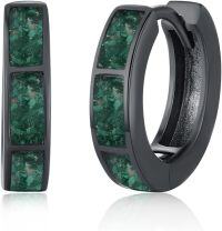 wholesale Black 925 Sterling Silver Malachite Inlay Hoop Earrings - Punk Gothic Style Jewelry for Women and Men-A02-15MM (Malachite)